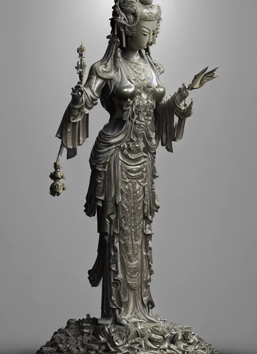 Image similar to a art deco sculpture statue of full body guanyin, intricate complexity,, statue by jane hamilton, ruan jia, character concept, radiant light,, frostbite 3 engine, cryengine, dof, trending on artstation, digital art, fantasy detailed abackground