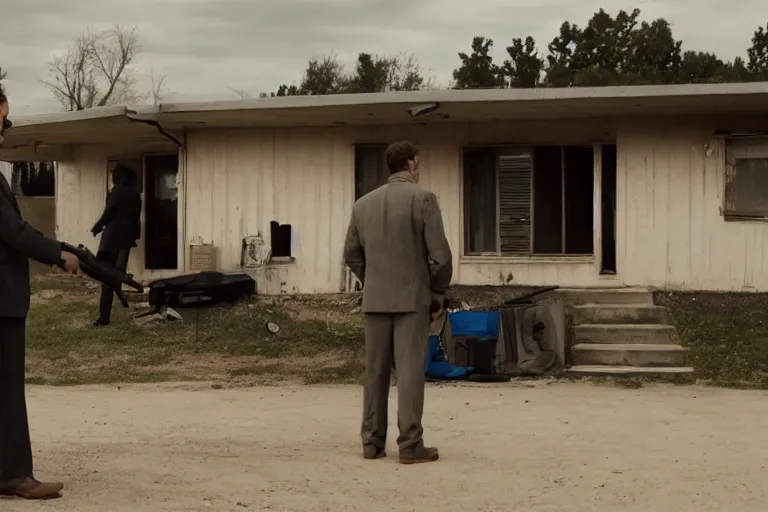 Image similar to cinematography of man in suit selling guns at little cardboard stand in residential neighborhood by Emmanuel Lubezki