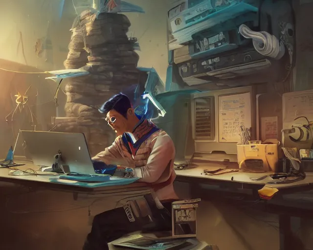 Image similar to an insanely detailed painting of a nerdy asian man wearing a superhero costume, sitting at a desk, staring at the nervously at the computer and typing, in the style of peter mohrbacher, dramatic lighting and composition, surreal background, octane render, pixar, trending on artstation, concept art, comic book, view from behind