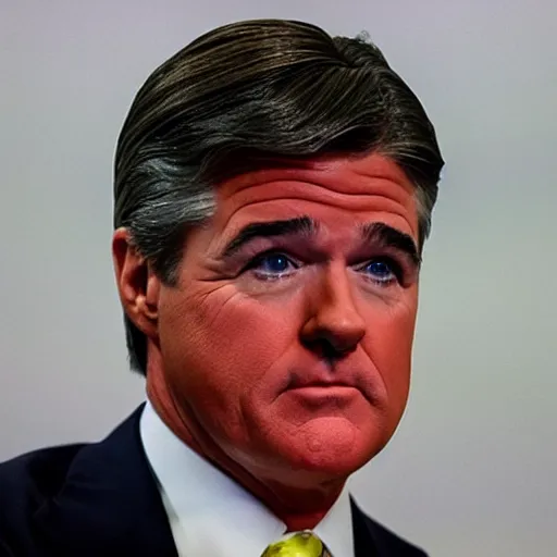 Image similar to Sean Hannity looking really, really sad and wearing a clown suit