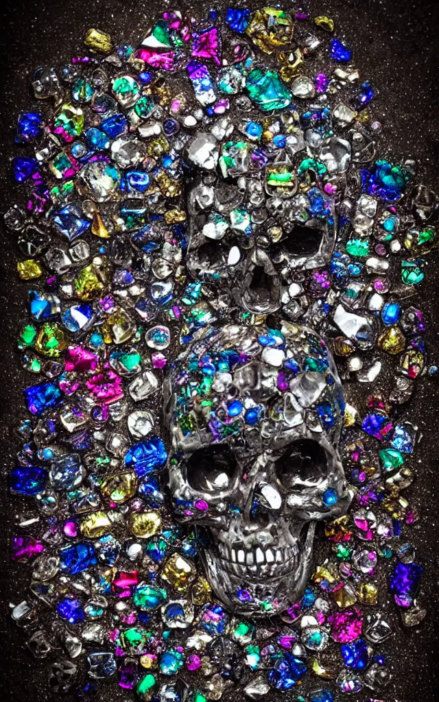 Image similar to jewelry skull made of prismatic crystals, dark background, studio shot