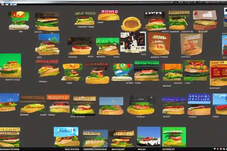 Image similar to hamburger themed gnu / linux desktop environment, linux mint, in 1 9 9 5, y 2 k cybercore, desktop screenshot