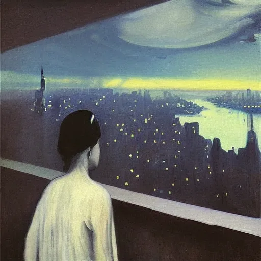 Image similar to “ a girl looking down at a futuristic new york city below, ghostpunk, detailed face, oil painting, stormy sky, by george bellows and edward hopper ”