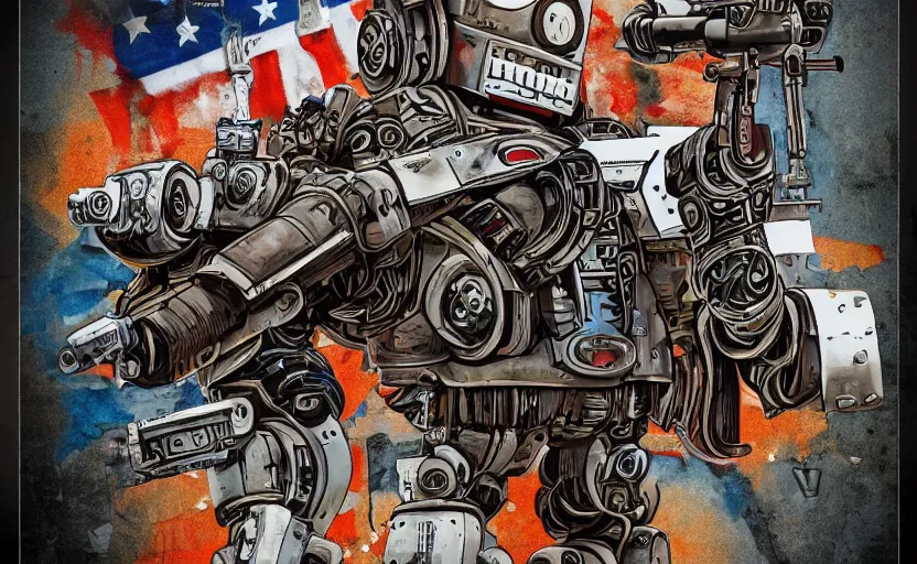 Image similar to robot made of guns, gritty, goes hard, america, poster, detailed, award winning, iconic, ww 3,