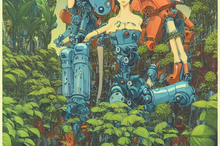 Image similar to most blues, evangelionic illustration, gigantic girl head, a lot of exotic vegetation, trees, tremendous mecha robot, flowers, oldschool vintage sci - fi flat surreal design, super - detailed, 2 d gouache painting by moebius and satoshi kon, hd, 4 k, high quality