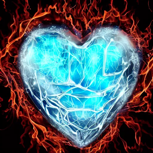 Prompt: crystaline heart filled with blood veins and fire