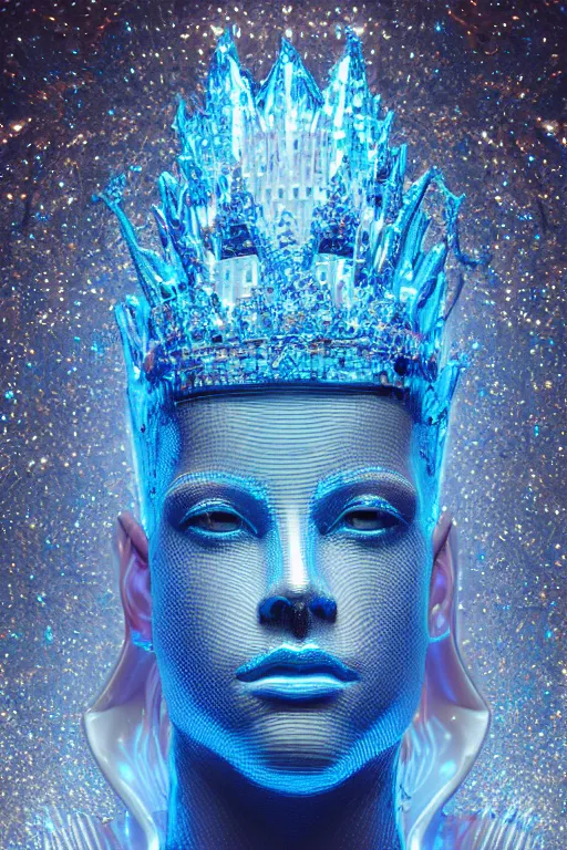 Image similar to hyper detailed ultra sharp portrait of baroque and bladerunner delicate neon diamond sculpture of seductive albino pharaoh nick jonas, diamond sphinx blue iridescent humanoid deity wearing metallic hoody made out of hands holding the sun prismatic dungeon, glowing blue face, crown of white diamonds, cinematic lighting, photorealistic, octane render 8 k depth of field 3 d