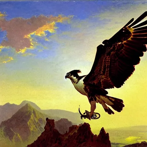 Prompt: an osprey in flight over a spectacular mountain at golden hour. by albert bierstadt, alphonse mucha and julie dillon.