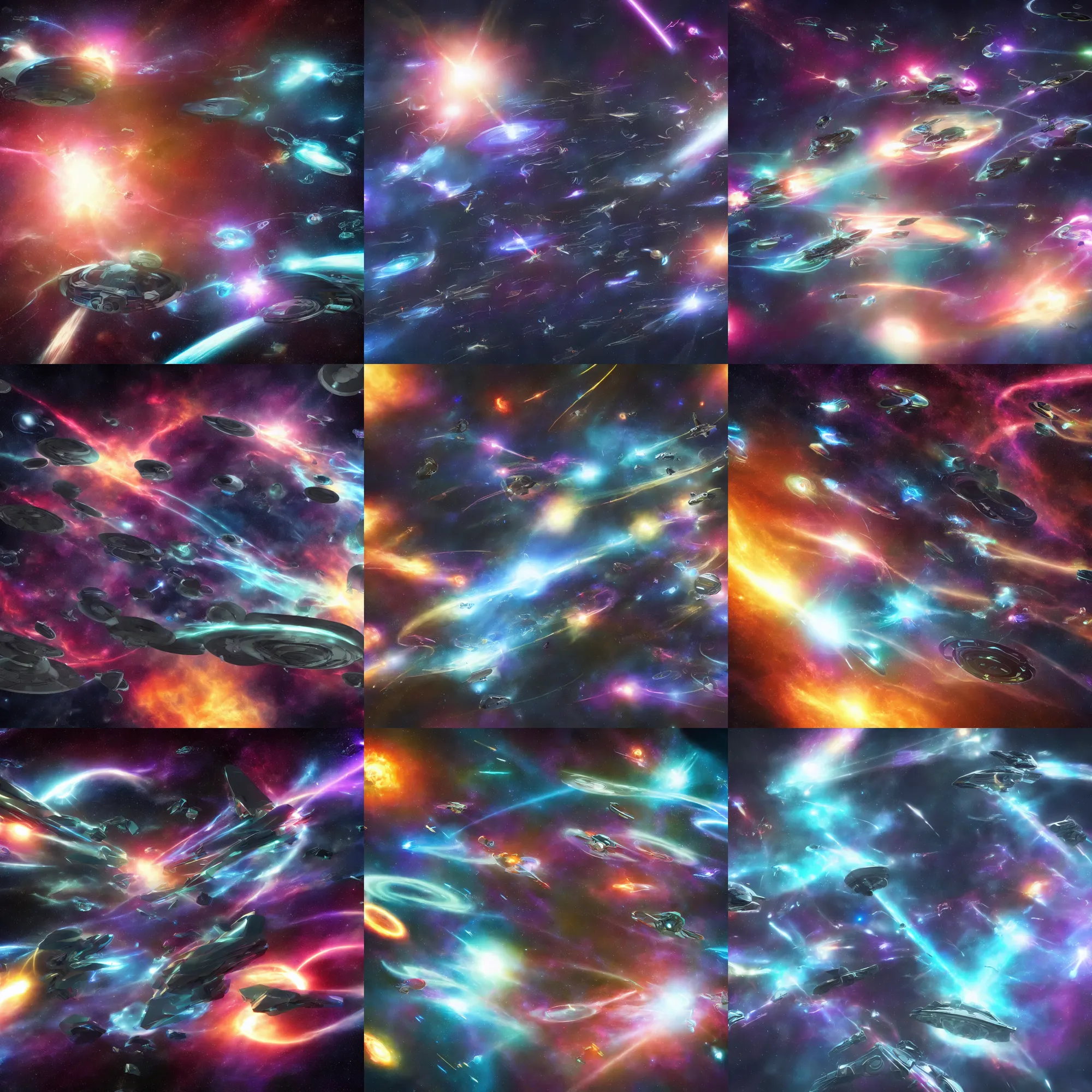 Image similar to galactic space fleet flying into a warp portal, 8 k resolution