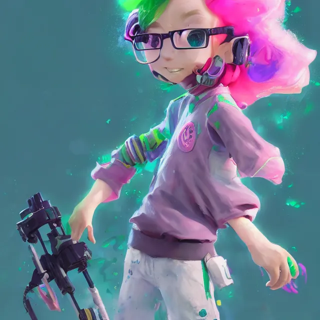 Image similar to a beautiful fullbody portrait of a cute splatoon anime boy with pink hairand green eyes. character design by cory loftis, fenghua zhong, ryohei hase, ismail inceoglu and ruan jia. artstation, volumetric light, detailed, photorealistic, fantasy, rendered in octane