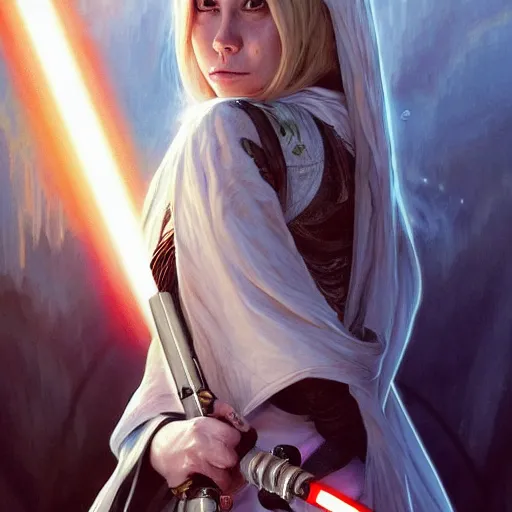 Image similar to perfectly - centered - portrait of avril lavigne wearing white cloak holding light saber, intricate, highly detailed, digital painting, artstation, concept art, smooth, sharp focus, illustration, unreal engine 5, 8 k, art by artgerm and greg rutkowski and alphonse mucha