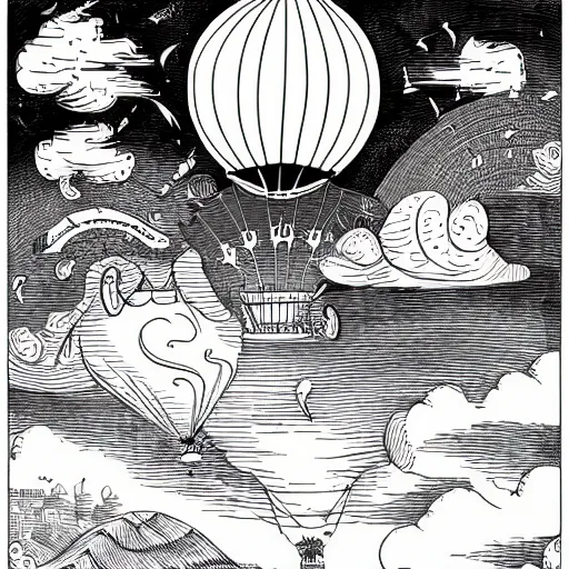 Prompt: portrait of a Victorian hot air balloon over a fantasy landscape, line illustration by joe fenton , black and white, few details, simple drawing for kids coloring pages