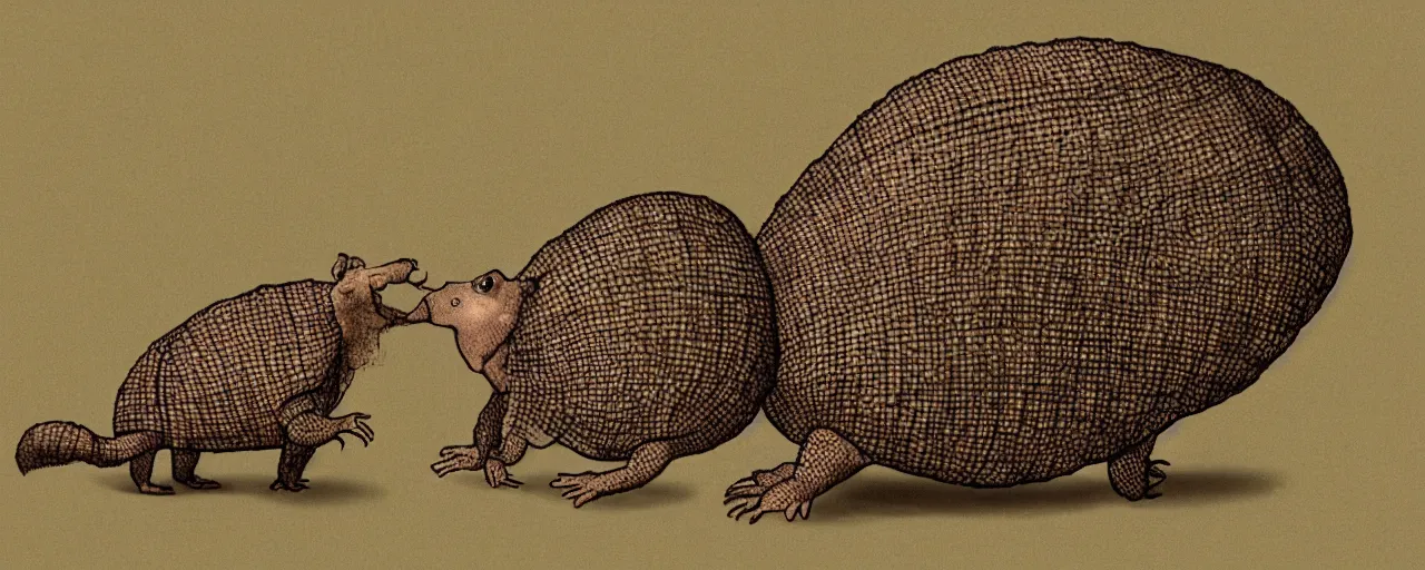 Prompt: an armadillo wearing a brown hat dancing happily standing on its two hind legs, cartoon style