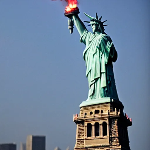 Prompt: a burning statue of liberty