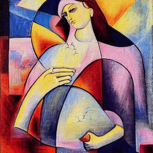 Prompt: woman in glorious robes rose up vast as the skies, old as the mountains and formless as starlight to shelter the precious memories, matter, messages, high quality abstract art in the style of cubism and davinci and cubism,