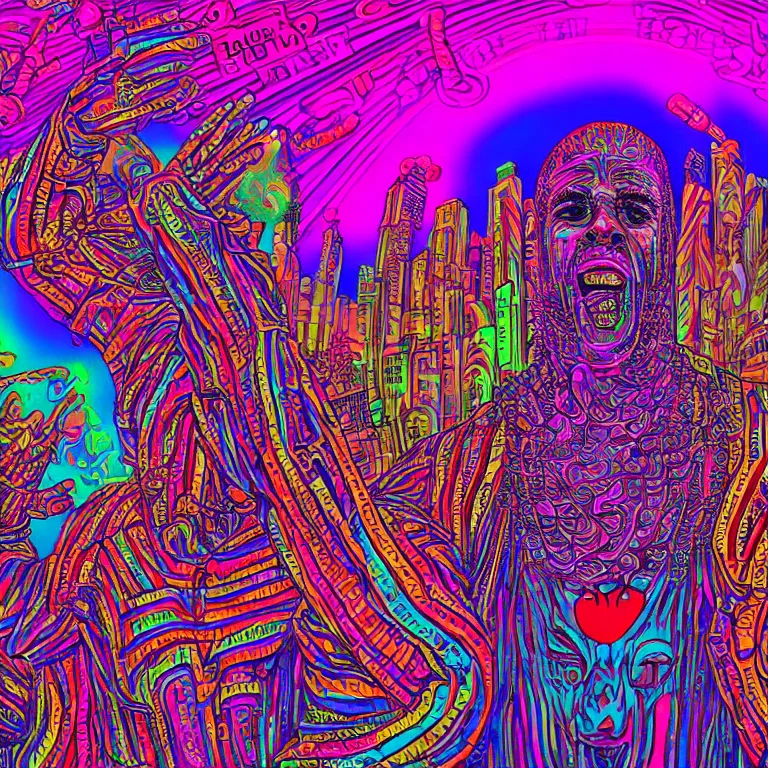 Image similar to rapping on stage at festival, holding microphone, giant crowd, epic pose, profile view, psychedelic hip hop, surreal, neon, vaporwave, detailed, illustrated by Alex Grey, 4k