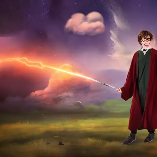 Image similar to Harry potter levitating, holding wand, colorful magic, back view, thunderclouds, cinematic shot, wide shot, epic scale, waving robe movement, photorealistic detail and quality, intricate ground stone, movie still, nighttime, crescent moon, sharp and clear, action shot, intense scene, visually coherent, symmetry, rule of thirds, movement, vivid colors, cool colors transitioning to warm colors, award winning, directed by Steven Spielberg, Christopher Nolan, Tooth Wu, Asher Duran, Greg Rutkowski