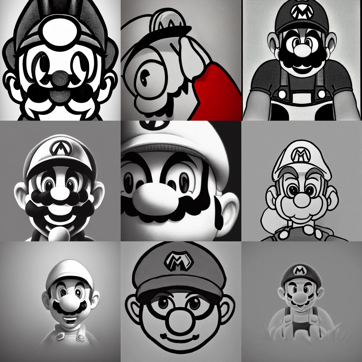 Prompt: pencil art of super mario facing camera, neutral focused gaze, striking and edgy artstyle with sharp shadows, no color, trending