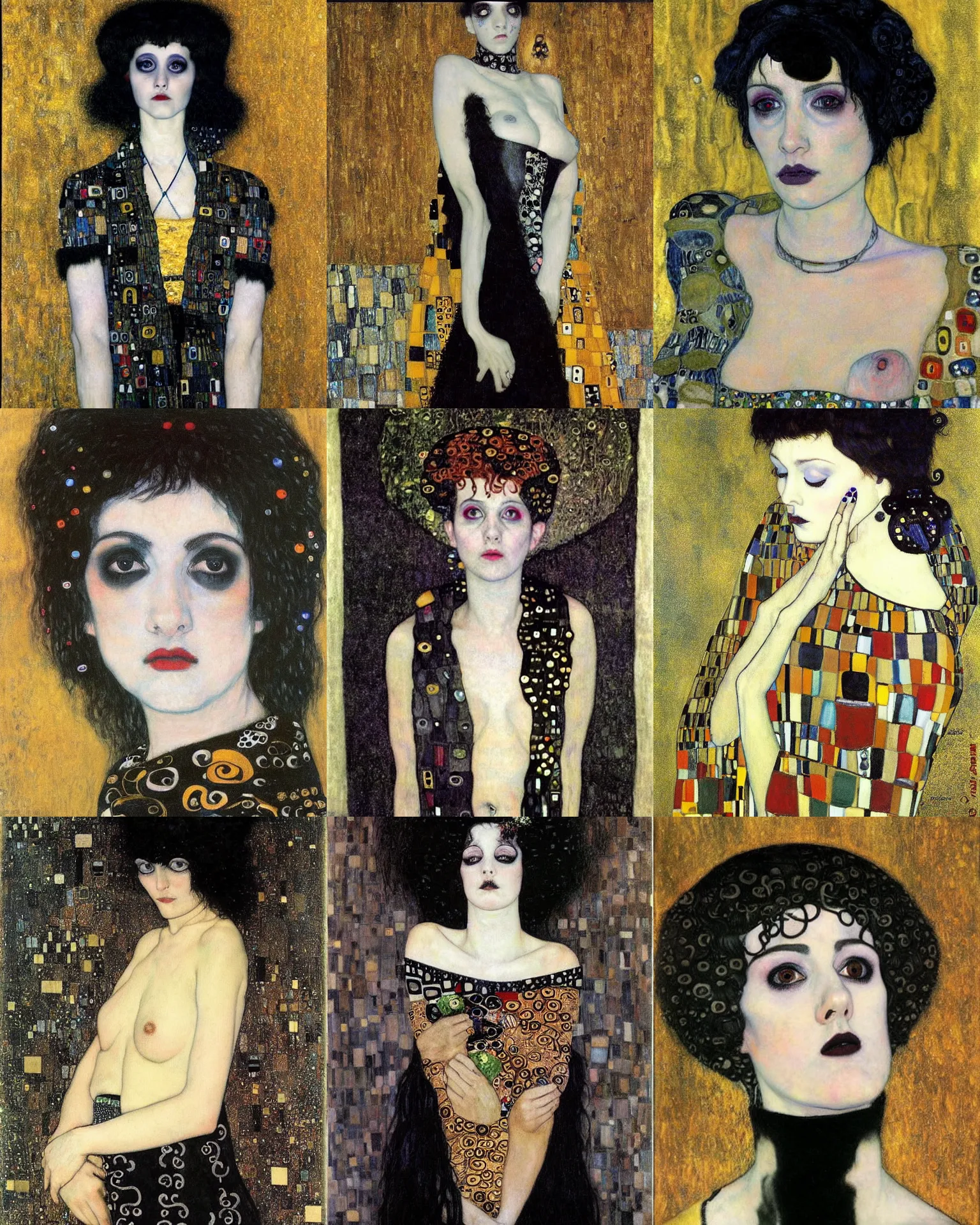 Prompt: A goth by Gustav Klimt. She has large evil eyes with entirely-black sclerae!!!!!! Her hair is dark brown and cut into a short, messy pixie cut. She has a slightly rounded face, with a pointed chin, and a small nose. She is wearing a black leather jacket, a black knee-length skirt, a black choker, and black leather boots.