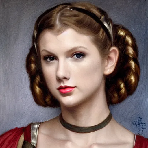 Prompt: headshot of taylor swift as princess leia in star wars by william bouguereau and louis rhead