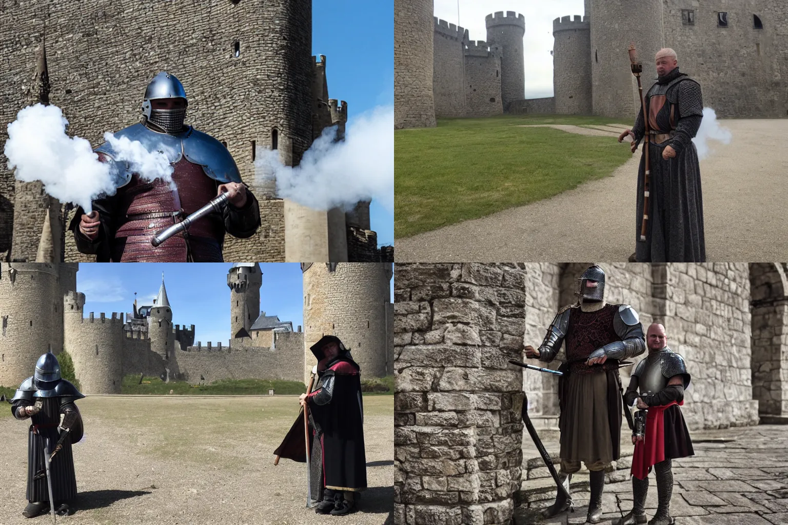 Prompt: an Old knight from the Medieval era Vaping in front of a castle