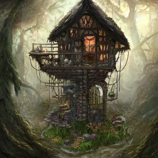 Image similar to a storybook illustration of a ramshackle multistory fairytale hut in the forest, intricate, elegant, atop chicken legs, in forest, fantasy, highly detailed, digital painting, concept art, sharp focus, trending on artstation