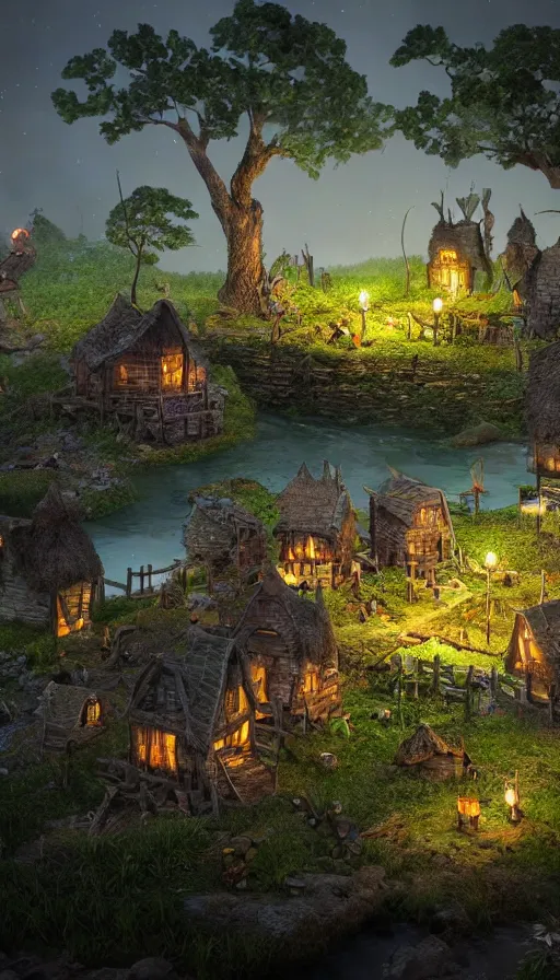 Prompt: a goblin village near a river at night, photorealistic, 8k, high detail, high quality, dramatic lighting, HDR