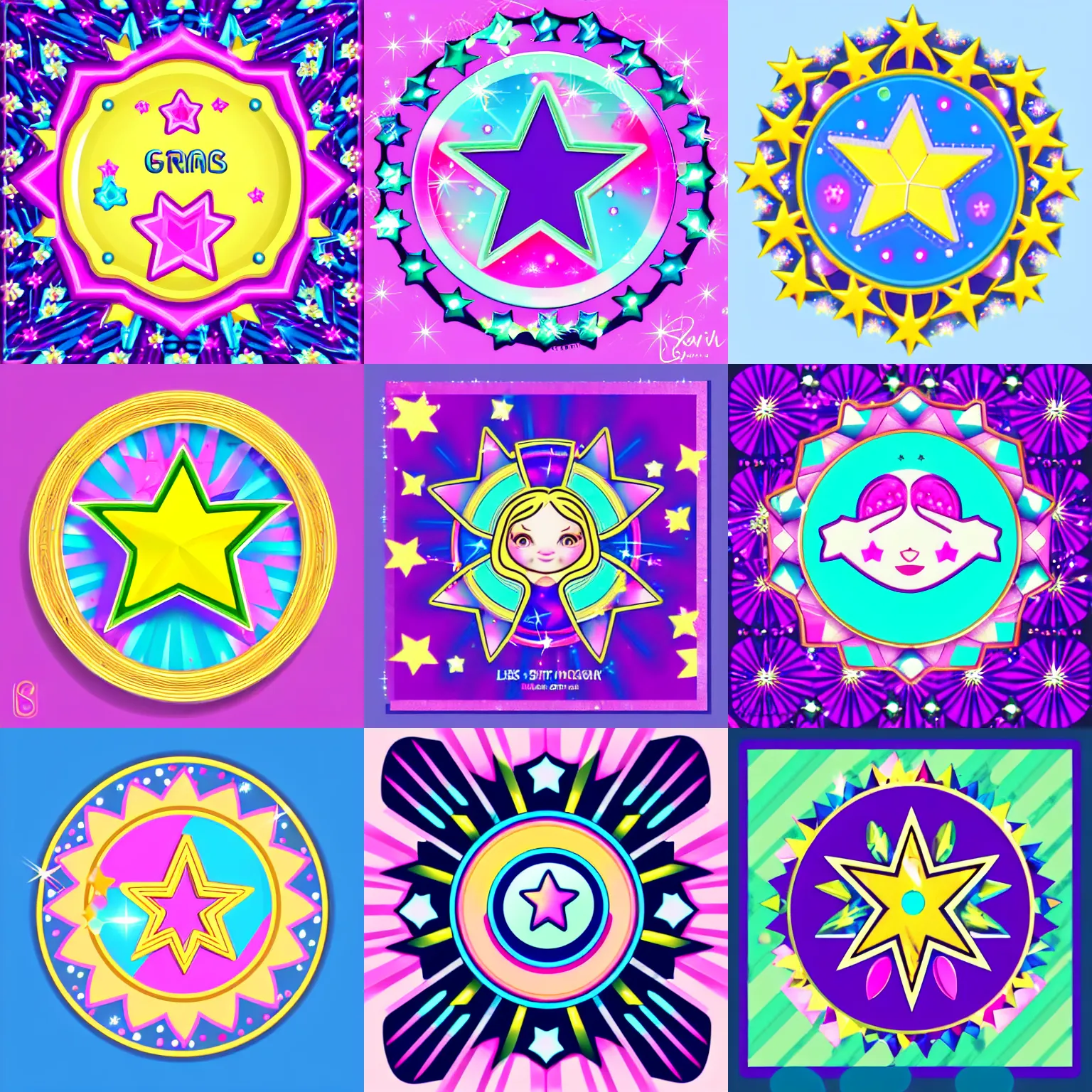 Image similar to 🌟 girly star icon designed by lisa frank, vector graphics forum badge, svg, symmetrical, transparent background, cute, metal, enamel, cloissonne, vintage, guilloche, gem stones, gilt, swarovski, circular