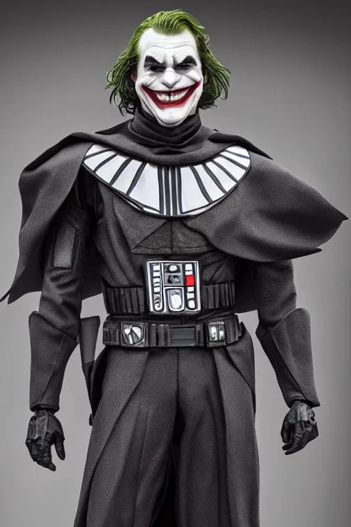 Prompt: Joker wearing vader's armor suit, realistic cosplay, smile, full character, highly detailed, highly realistic