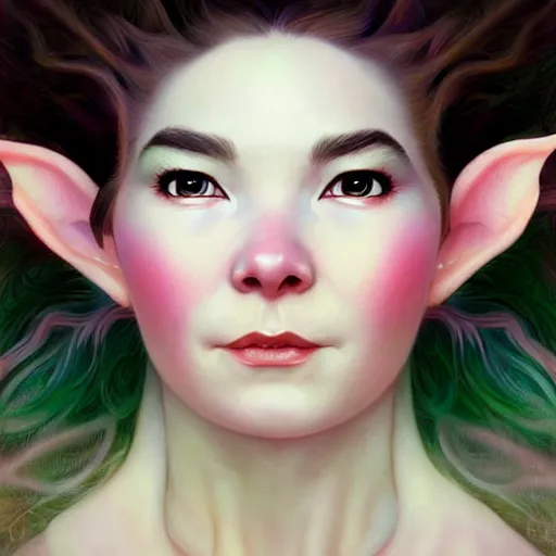 Image similar to portrait of bjork as dmt elf, 8 k highly detailed, sharp focus, illustration, art by artgerm, mucha, bouguereau