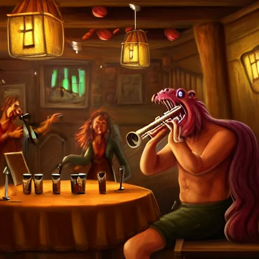 Prompt: monster playing trumpet in tavern to cheering patrons, artstation, fantasy