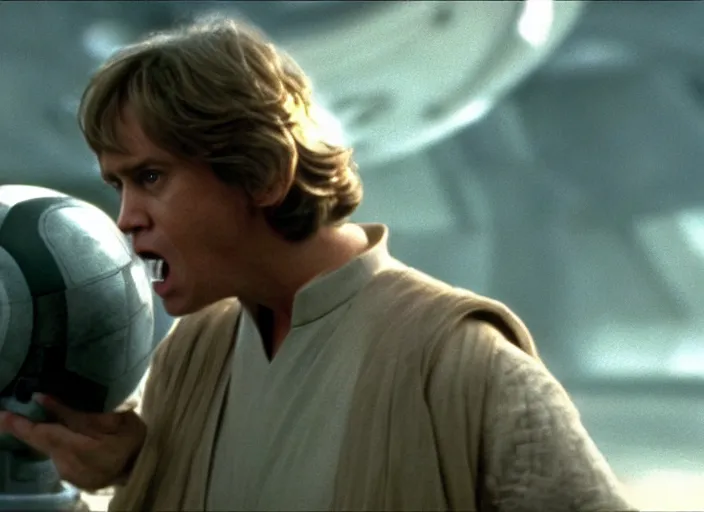 Prompt: screenshot of Luke Skywalker yelling to help Princess Leia Organa, marble planet, from the iconic scene from the lost star wars 1980s film directed by David Lynch, cinematic lighting, unsettling set design with extreme detail, moody cinematography, with anamorphic lenses, crisp, detailed, 4k image