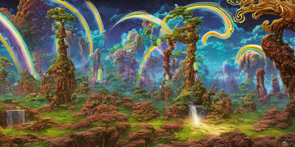 Prompt: rainbow paper + stunning massive ornately monolith, taiga landscape, greek doric ionic corinthian fountain, by Roger Dean, Dean Ellis, Thomas Kinkade + dofus colors, wakfu colors + intricate ink illustration, intricate complexity, epic composition + 4k + HDR + concept art, smooth, sharp focus, psychedelic black light style + symmetry + elden ring + trending on artstation