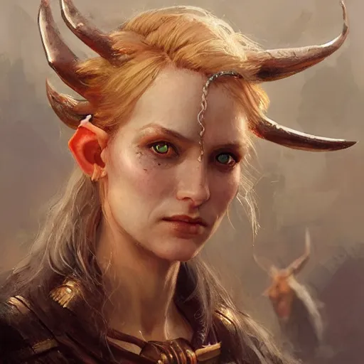 Image similar to A head-on detailed oil portrait of a distinguished elf woman with small copper horns, long blonde hairs and bright irises, by greg rutkowski, trending on artstation, dungeon and dragons art