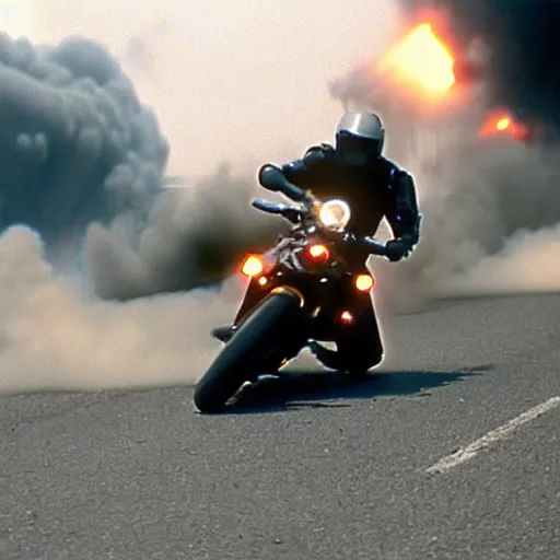 Image similar to film still from 'Displaced Future' (1997). Exciting future action scene of a motorcycle and explosions. Sigma 85mm f/8