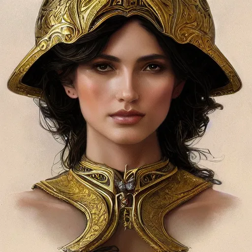 Prompt: an attractive young female wearing an ornate metallic helmet, olive skin, long dark hair, beautiful bone structure, intricate, elegant, highly detailed, digital painting, artstation, concept art, smooth, sharp focus, illustration, art by artgerm and greg rutkowski and alphonse mucha