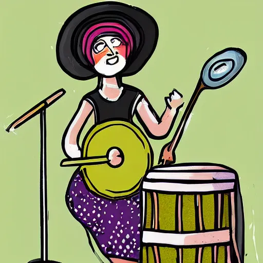 Image similar to a babushka playing drums, the drums look like bowls of oatmeal, digital art