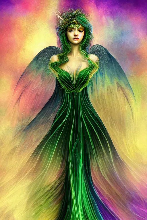 Image similar to a magic the gattering illustration of a woman angel , fantasy, gradient black green gold, dreamy and ethereal, green eyes, golden ratio, peaceful expression, ornate frilly dress, fantasy, intricate, elegant, rainbow splash of ink, highly detailed, digital painting, artstation, concept art, smooth,b sharp focus, illustration, art by scott fisher