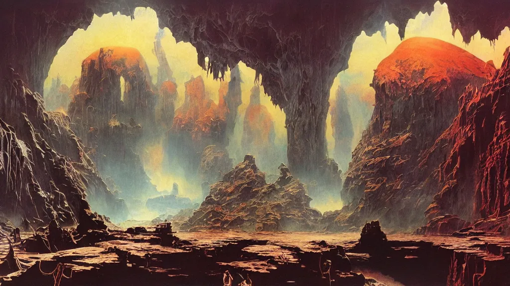 Image similar to journey to the center of the earth by frank frazetta and bruce pennington, cinematic matte painting