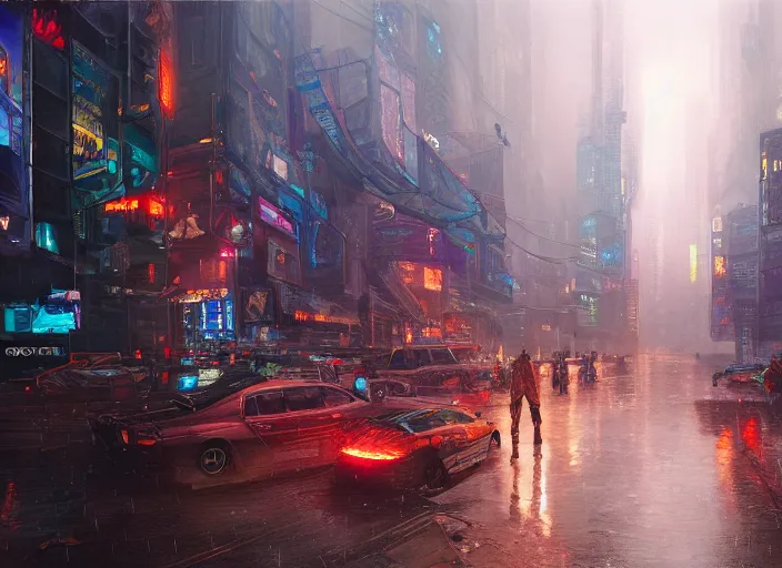 Prompt: An oil painting a cyberpunk city, foggy and raining, hyper detailed, super realistic, isometric, 4k, trending on artstation, octane render, art by artgerm and greg rutkowski and alphonse mucha and craig mullins and James Jean and Andrei Riabovitchev and Marc Simonetti and peter mohrbacher,
