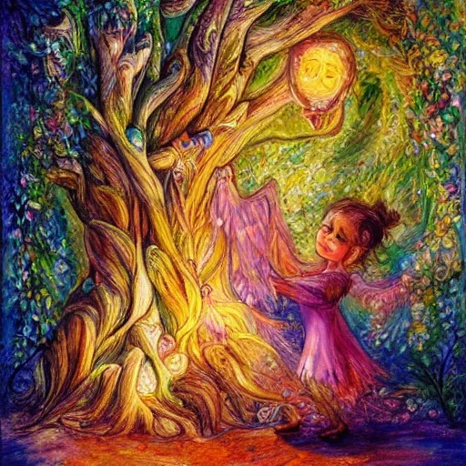 Image similar to a painting of a child and a tree, a storybook illustration by josephine wall, deviantart, metaphysical painting, storybook illustration, detailed painting, whimsical