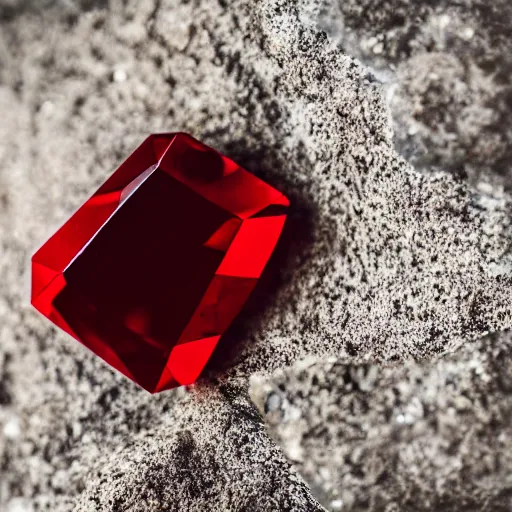 Prompt: a deep red crystal on a rock