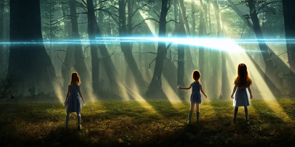 Prompt: sci - fi scene future new york, little girl alone holding onto the outstretched hand of a giant robot, forest punk, little girl meets robot, crepuscular rays, epic scene, hyper realistic, photo realistic, overgrowth, cinematic atmosphere, ethereal lighting,