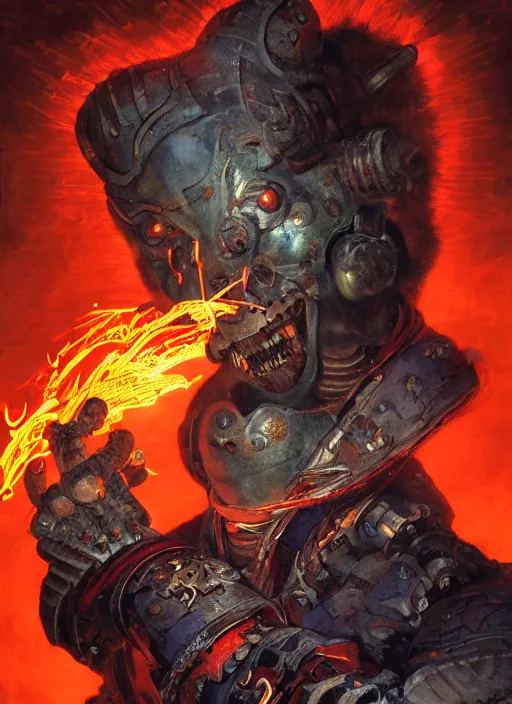 Image similar to portrait of a diabolical cyborg clown samurai fires a flamethrougher, wearing burning torn cape, dynamic pose, glowing eyes, ancient ruins, glowing veins subsurface scattering, in clouds, sunset, portrait, by gerald brom, by mikhail vrubel, by peter elson, muted colors, extreme detail, reflections, trending on artstation, 8 k