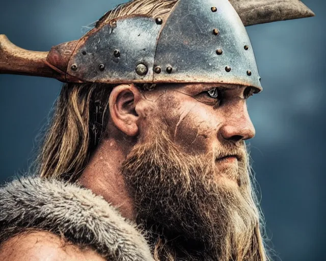 Image similar to A very close up of a viking with scars on the face, rage