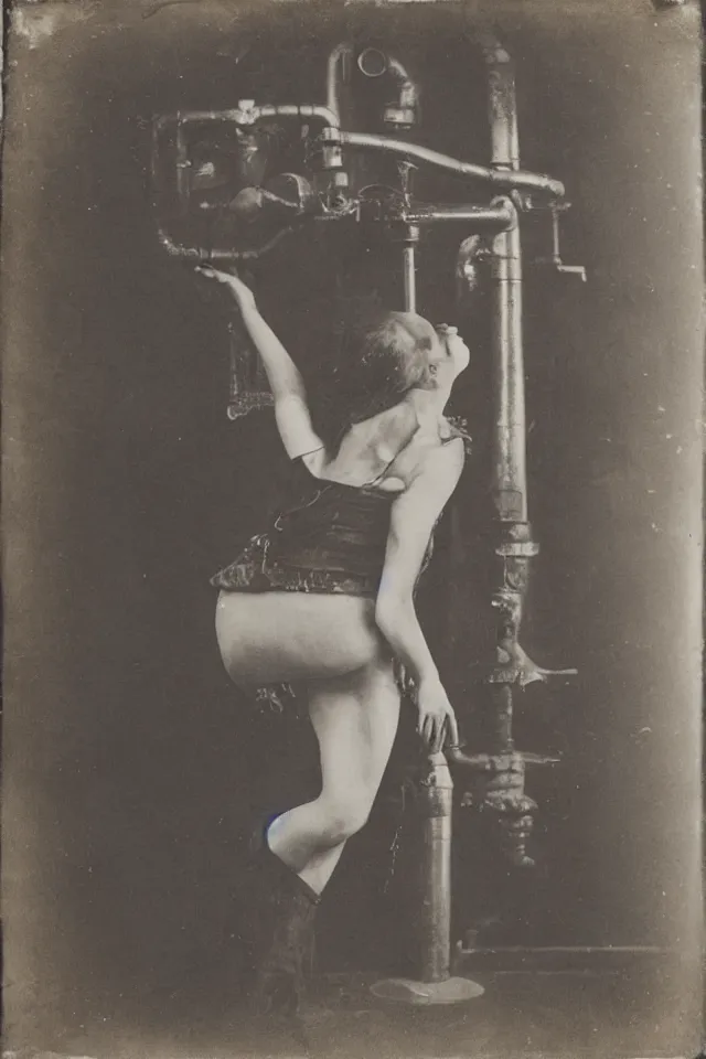 Prompt: wet plate photograph, portrait of scarves dancer, victorian era boiler room, furnace inferno