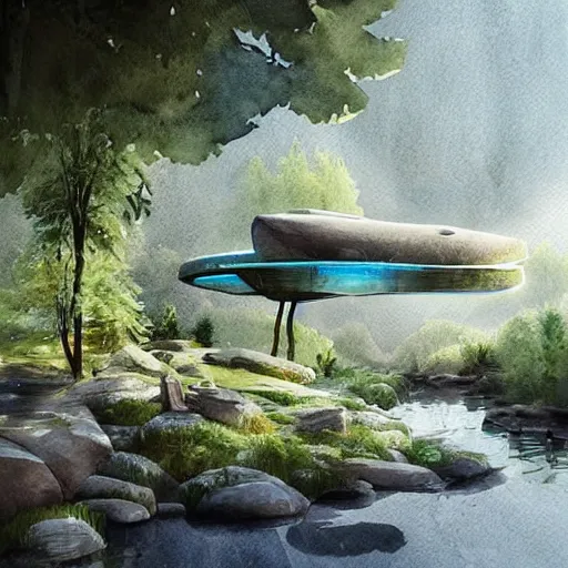 Image similar to beautiful happy picturesque charming sci - fi organic pod - like homes of the future in a beautiful natural scene. water, trees and rocks. beautiful light. soft colour scheme. beautiful artistic detailed watercolor by lurid. ( 2 0 2 2 )