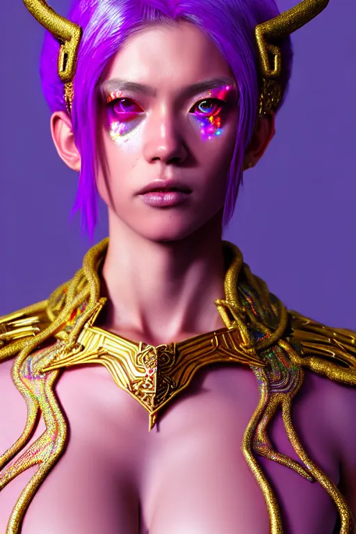 Image similar to hyperdetailed portrait of a stunningly beautiful pink female androgynous wizard guard made of iridescent metals and shiny purple gems, bright rainbow nimbus, golden necklace, inspired by ross tran and wlop and masamune shirow and kuvshinov, concept art, intricate, photorealistic, octane render, rtx, hdr, unreal engine, dnd digital art by artgerm