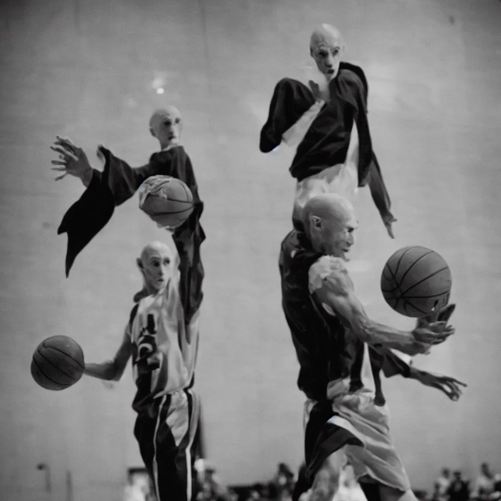 Prompt: portrait of nosferatu playing alone basketball at the nba, 1 2 0 mm lens,