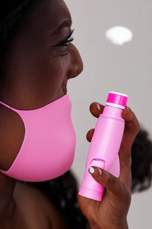 Prompt: Sideview of a Woman using a Pink Vapor Inhaler